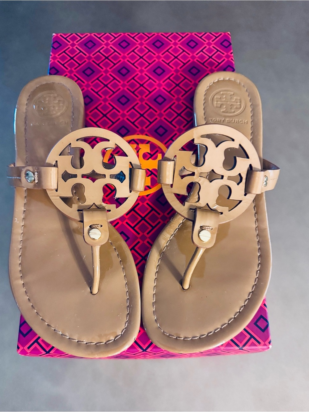 Tory Burch Miller Patent Leather Sandals - Sand Tan Nude - Size 7